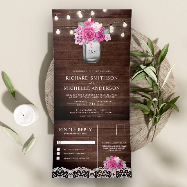 Magenta Pink Roses Mason Jar String Lights Wedding Tri-Fold Invitation (Creator Uploaded)