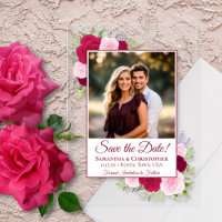 Magenta Pink Roses & Photo Wedding Save the Date