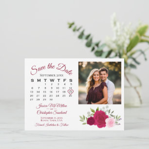 Magenta & Pink Roses Wedding Calendar & Photo Save The Date
