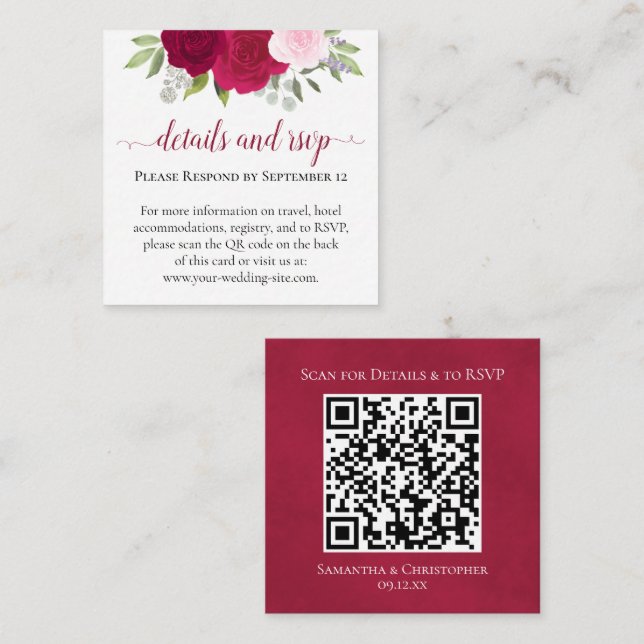 Magenta Pink Roses Wedding Details & RSVP QR Code Enclosure Card (Front/Back)