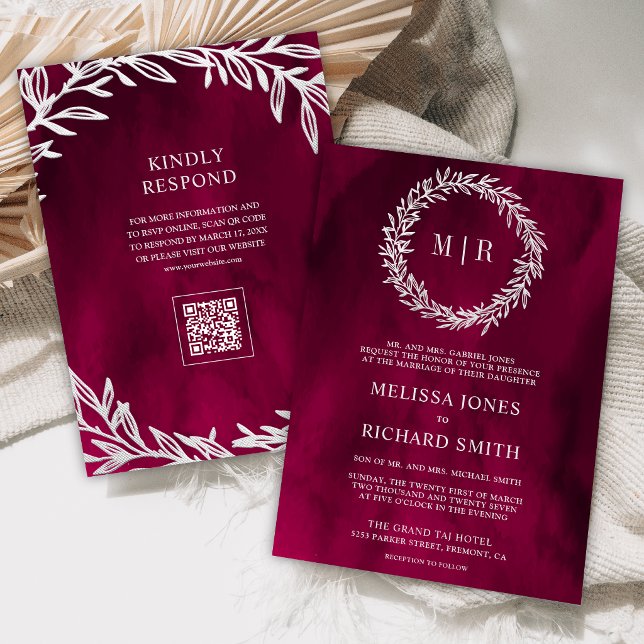Magenta Pink Silver Leaf Branch QR Code Wedding Invitation (Creator Uploaded)