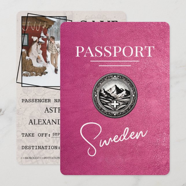 Magenta Pink Sweden Passport Save The Date (Front/Back)