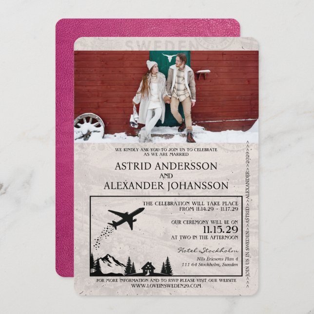 Magenta Pink Sweden Passport Wedding Invitation (Front/Back)