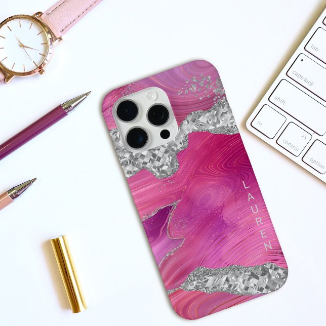 Magenta Pink Swirl Agate Geode Silver Glitter Case-Mate iPhone Case (Creator Uploaded)