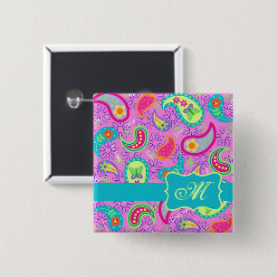 Magenta Pink Turquoise Modern Paisley Monogram 15 Cm Square Badge