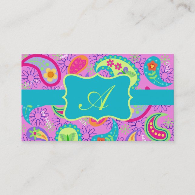 Magenta Pink Turquoise Modern Paisley  Monogram Business Card (Front)