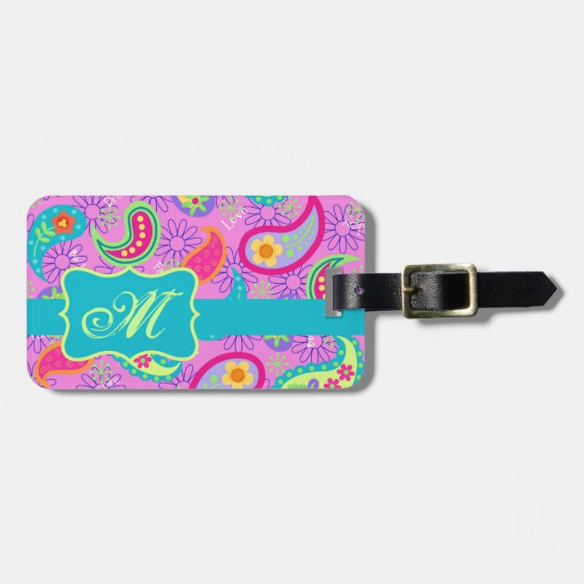 Magenta Pink Turquoise Modern Paisley Monogram Luggage Tag (Front Horizontal)