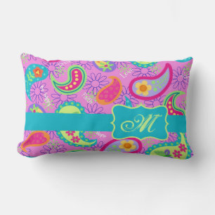 Magenta Pink Turquoise Modern Paisley Monogram Lumbar Cushion