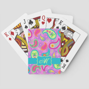 Magenta Pink Turquoise Modern Paisley Monogram Playing Cards
