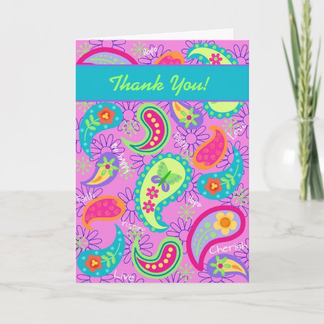 Magenta Pink Turquoise Modern Paisley Pattern Thank You Card (Front)
