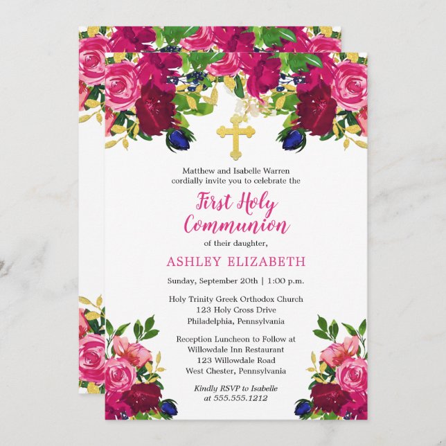 Magenta Pink Watercolor Floral Communion Invitation (Front/Back)