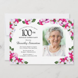 Magenta Pink White Photo 100th Birthday Dinner Invitation