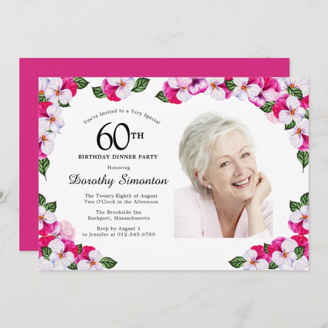 Magenta Pink White Photo 60th Birthday Dinner Invitation (Front/Back)