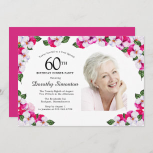 Magenta Pink White Photo 60th Birthday Dinner Invitation