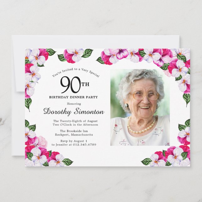 Magenta Pink White Photo 90th Birthday Dinner Invitation (Front)