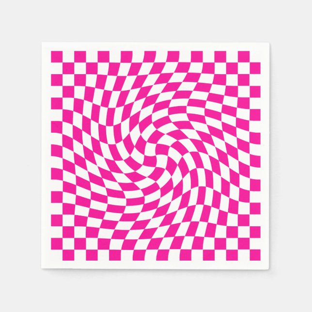 Magenta Pink & White Warped Chic Chequered Pattern Napkin (Front)