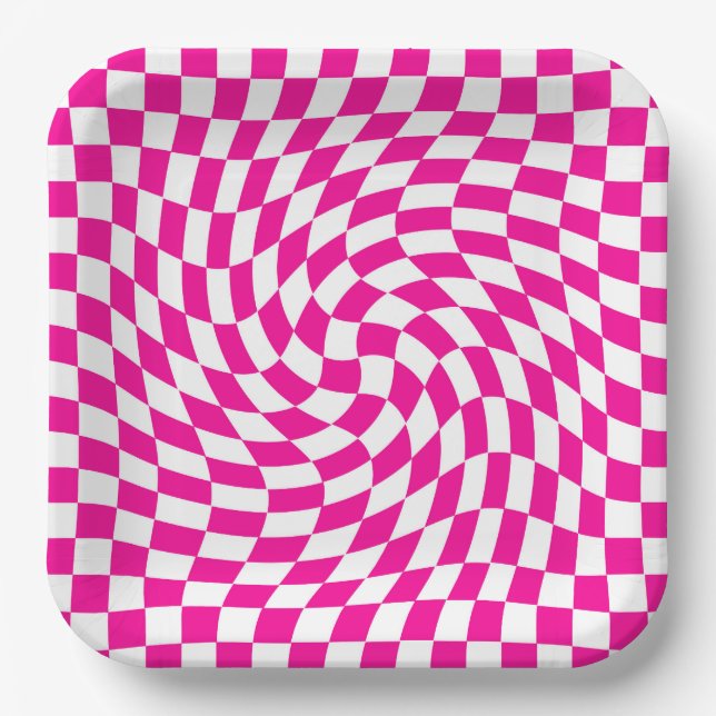 Magenta Pink & White Warped Chic Chequered Pattern Paper Plate (Front)