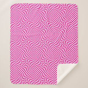 Magenta Pink & White Warped Chic Chequered Pattern Sherpa Blanket