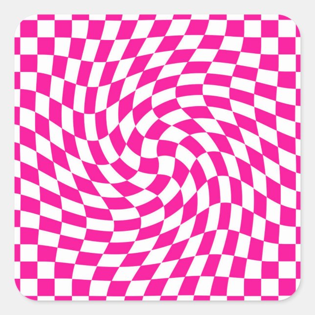 Magenta Pink & White Warped Chic Chequered Pattern Square Sticker (Front)