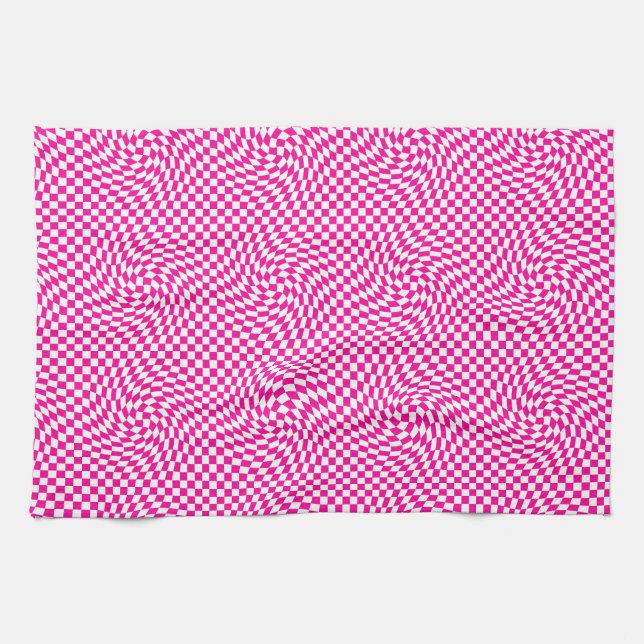 Magenta Pink & White Warped Chic Chequered Pattern Tea Towel (Horizontal)