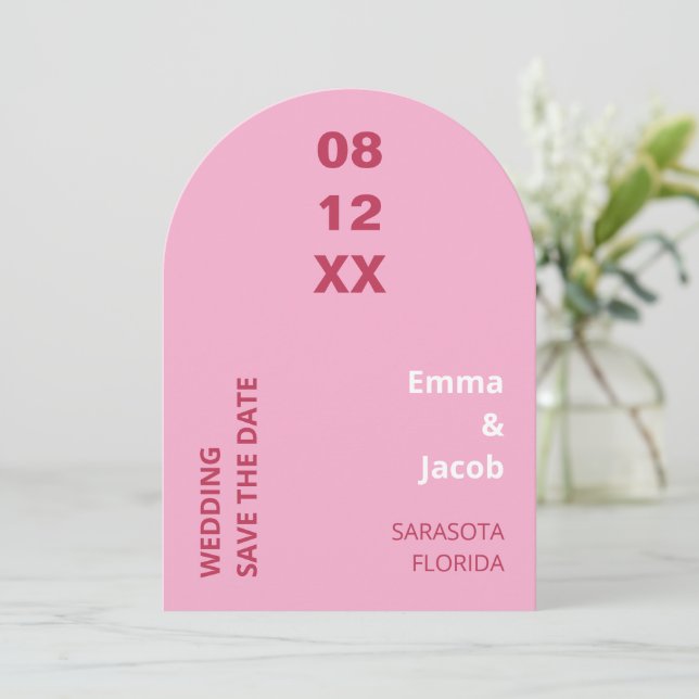Magenta Pink White Wedding Save the Date (Standing Front)