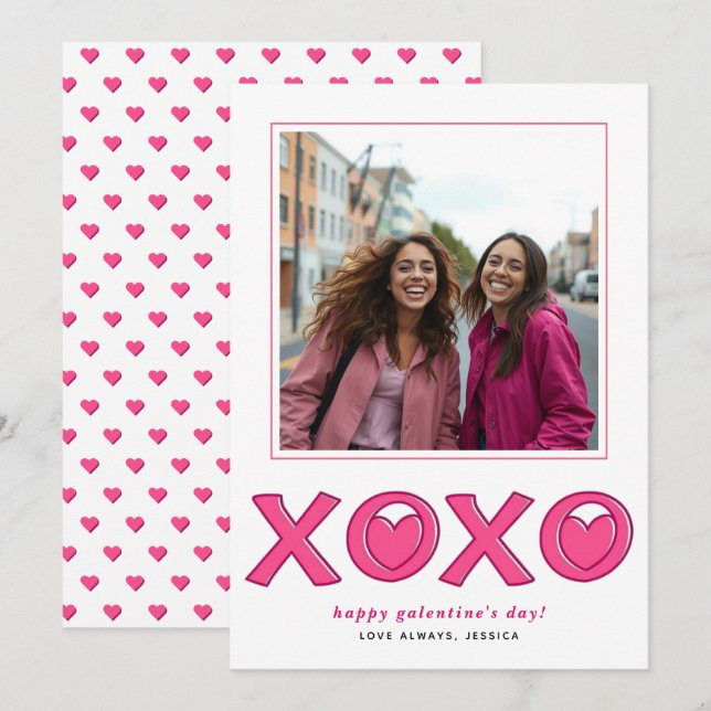 Magenta pink XOXO hearts Galentines Day photo Holiday Card (Front/Back)
