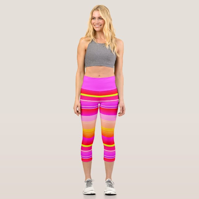 Magenta pink yellow vibrant striped capri leggings (Front)