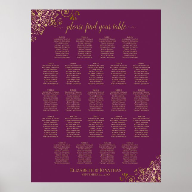 Magenta Plum 23 Table Wedding Seating Chart Gold (Front)