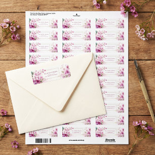 Magenta Plum Flower Watercolor Gold Double Frame Return Address Label