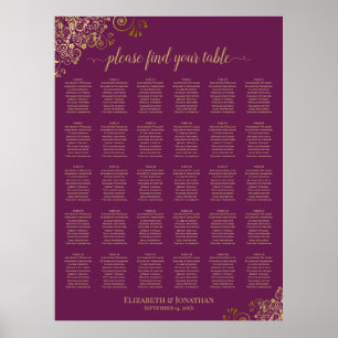 Magenta Plum & Gold 30 Table Wedding Seating Chart