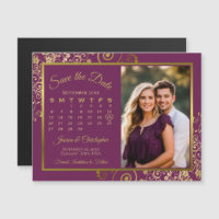 Magenta Plum Gold Calendar Photo Save Date Magnet