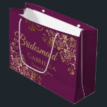 Magenta Plum & Gold Curls Elegant Bridesmaid Large Gift Bag<br><div class="desc">This beautiful gift bag is designed as a wedding gift or favour bag for Bridesmaids. It features an elegant cassis purple, magenta plum, or berry and gold design with golden faux foil curls and swirls in the corners the text "Bridesmaid" as well as a place to enter her name, the...</div>