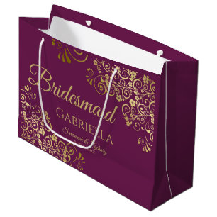 Magenta Plum & Gold Curls Elegant Bridesmaid Large Gift Bag