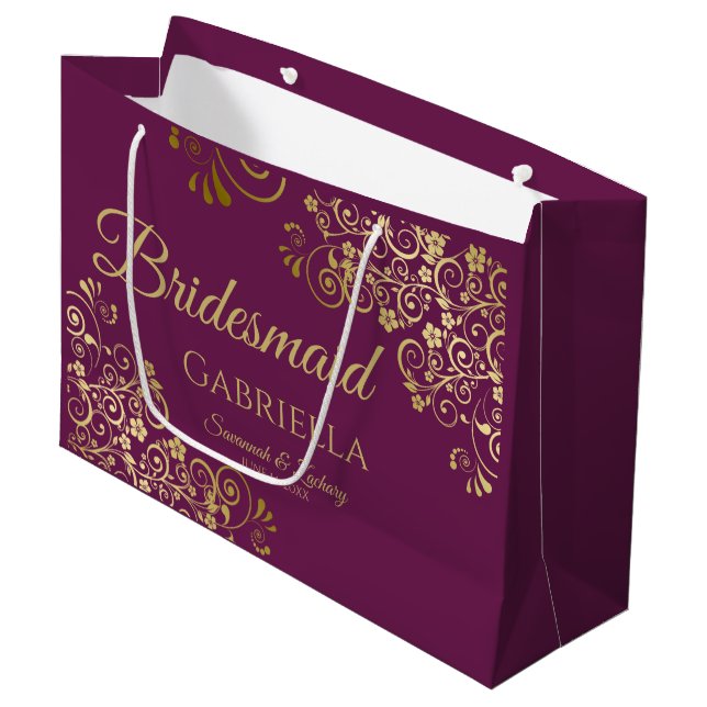 Magenta Plum & Gold Curls Elegant Bridesmaid Large Gift Bag (Front Angled)
