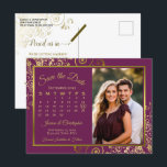 Magenta Plum Gold Wedding Save Date Calendar Photo Announcement Postcard<br><div class="desc">This beautiful magenta plum and gold save the date postcard will give your friends and family advance notice of your upcoming wedding. It features a beautiful design with both a custom calendar where you can put a heart around your wedding date and your picture or photo. The background is a...</div>