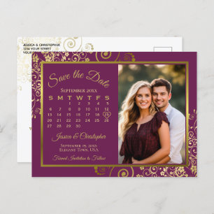 Magenta Plum Gold Wedding Save Date Calendar Photo Announcement Postcard