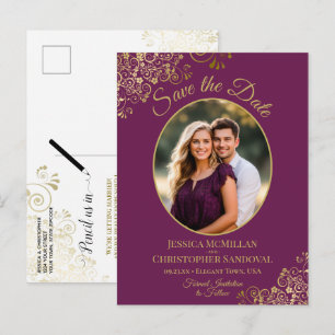 Magenta Plum & Gold Wedding Save the Date Photo Announcement Postcard