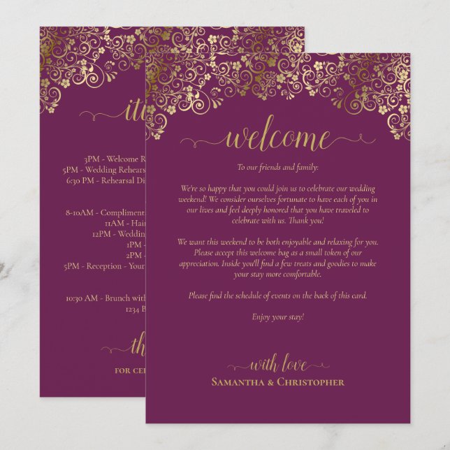 Magenta Plum & Gold Wedding Welcome & Itinerary Program (Front/Back)