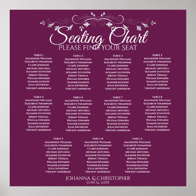 Magenta Plum Purple 11 Table Wedding Seating Chart (Front)