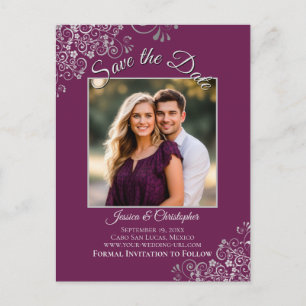 Magenta Plum & Silver Wedding Save the Date Photo Announcement Postcard