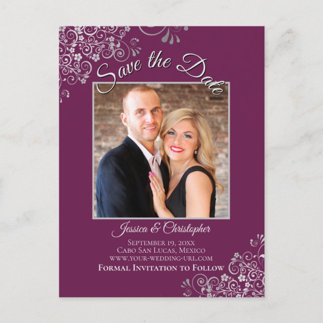Magenta Plum & Silver Wedding Save the Date Photo Announcement Postcard (Front)