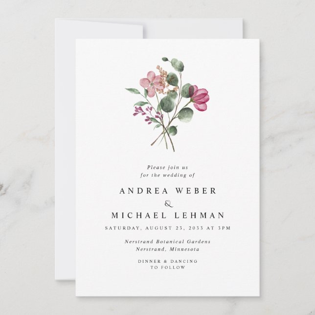 Magenta Pressed Flowers Botanical Wedding Invitation (Front)