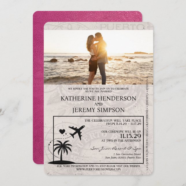 Magenta Puerto Rico Passport Wedding Invitation (Front/Back)