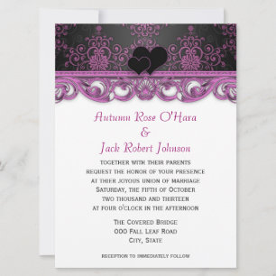 Magenta Purple and Black Damask with Hearts Invitation