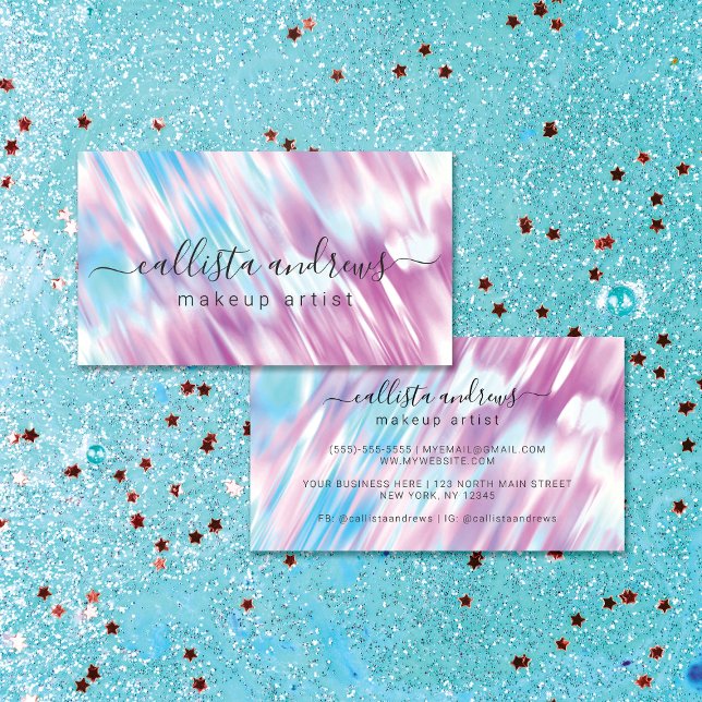 Magenta Purple Aqua Blue Holographic Makeup Artist Business Card (Creator Uploaded)