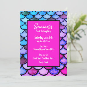 Magenta Purple Blue Mermaid Scales Beach Birthday Invitation