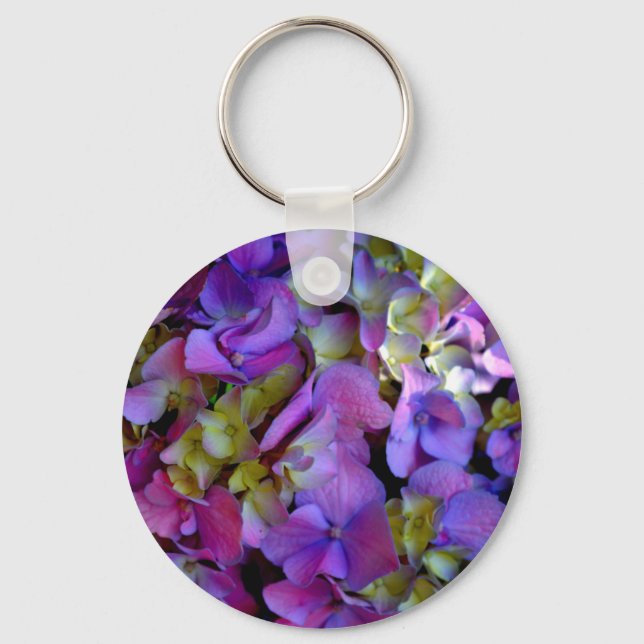Magenta Purple blue yellow Hydrangeas flowers Key Ring (Front)