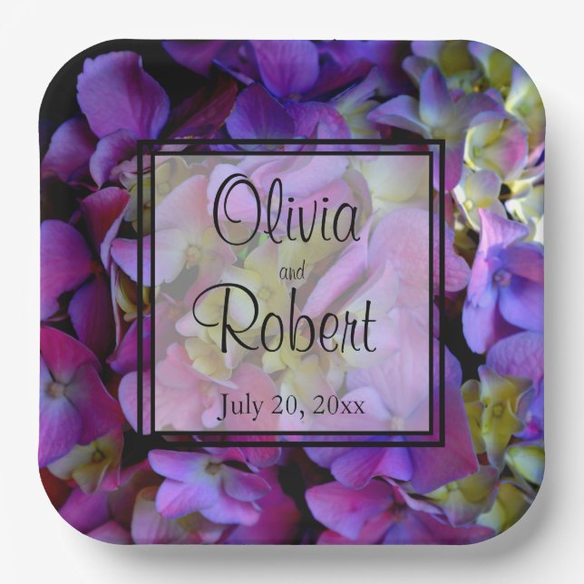 Magenta Purple blue yellow Hydrangeas flowers Paper Plate (Front)