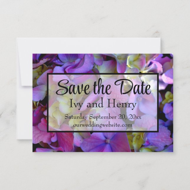 Magenta Purple blue yellow Hydrangeas flowers Save The Date (Front)