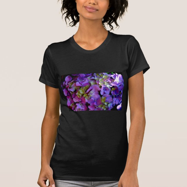 Magenta Purple blue yellow Hydrangeas flowers T-Shirt (Front)